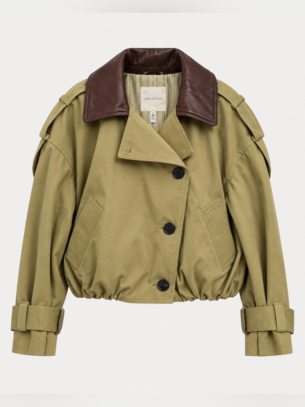 Avec Les Filles Olive Cropped Trench Jacket Brown Contrast Collar Size M NWT